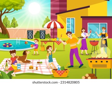 Barbecue and Grill Set Vector Illustration Kids Grilling or BBQ Party Food at Park in Festival and Summer Cooking Cartoon Hand Drawn Templates