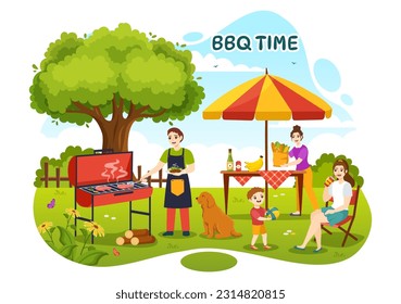 Barbecue and Grill Set Vector Illustration Kids Grilling or BBQ Party Food at Park in Festival and Summer Cooking Cartoon Hand Drawn Templates