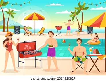Barbecue and Grill Set Vector Illustration People Grilling or BBQ Party Food at Park in Festival and Summer Cooking Cartoon Hand Drawn Templates