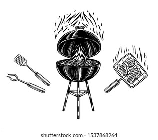 Barbecue grill set in vintage style. Drawn by hand. Bbq party ingredients. Hot grill food, beer and tools, vegetables and spices. Vector illustration for menu or labels.