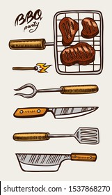 Barbecue grill set in vintage style. Drawn by hand. Bbq party ingredients. Hot grill and tools, vegetables and spices. Vector illustration for menu or labels.