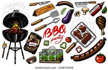 Barbecue grill set in vintage style. Drawn by hand. Bbq party ingredients. Hot grill food, beer and tools, vegetables and spices. Vector illustration for menu or labels.