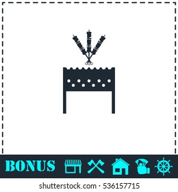 Barbecue grill with shashlik icon flat. Simple vector symbol and bonus icon