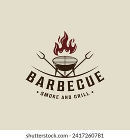 Barbecue Grill Silhouette logo vector vintage illustration template icon graphic design. BBQ steak house with flame and fork sign or symbol for food restaurant with retro typography style