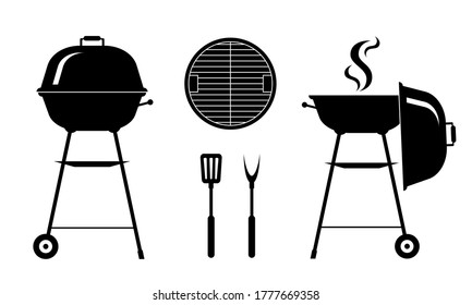 Barbecue grill silhouette set isolated on white background. Black-white elements for design. Stock vector illustration.