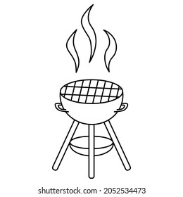 Barbecue grill. Sketch. Steam is emitted from the heated grate. Large cauldron with handles and legs for cooking meat, poultry, fish and vegetables. Vector illustration. Coloring book for children. 
