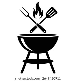 Barbecue grill with spatula fork and flame silhouette