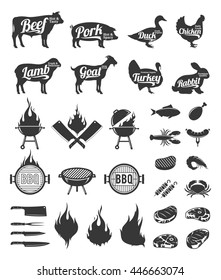 Barbecue, grill and steak house labels and design elements. BBQ, seafood, meat, farm animals and knives icons