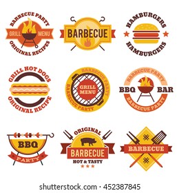 Barbecue, grill, steak house labels, badges, logos, emblems, signs, set of vector templates isolated on white background. Bbq restaurant design elements. Business identity templates and objects.