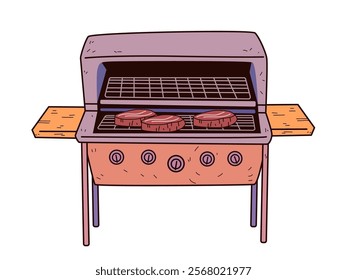 Barbecue grill with steaks cooking outdoor food illustration. Detailed graphic of grill with meat wooden side shelves and control knobs