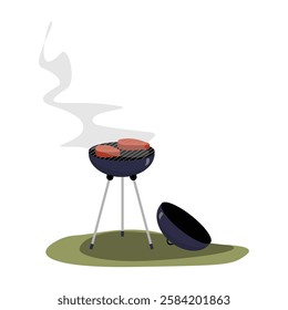 Barbecue Grill With Steaks In Flat Vector Illustration Symbolizing Outdoor Cooking, BBQ Party, And Grilled Meat, Isolated On White Background