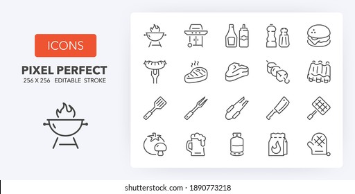 Barbecue and grill thin line icon set. Outline symbol collection. Editable vector stroke. 256x256 Pixel Perfect scalable to 128px, 64px...