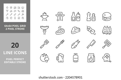 Barbecue and grill. Thin line icon set. Outline symbol collection. Editable vector stroke. 64 and 256 Pixel Perfect scalable to 128px