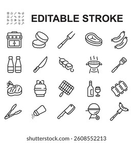 Barbecue and grill thin line icon set. Contains icons such as grill, meat, sauce and more.