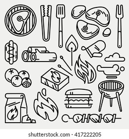Barbecue and grill thin line vector icons. Picnic bbq icon and cooking bbq linear style illustration