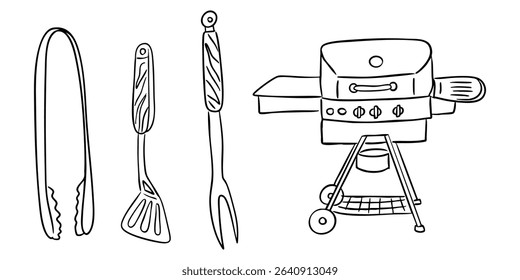 Barbecue grill with tongs, spatula and fork in hand-drawn black and white style. Concept captures outdoor cooking, summer leisure and grilling tradition
