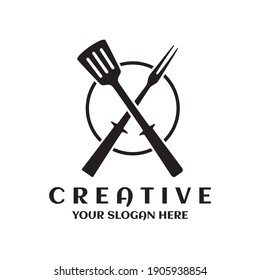 barbecue grill tool icon logo crossed fork and spatula