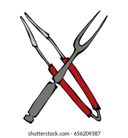 Barbecue Grill Tools Crossed Fork and Tongs. Realistic Doodle Cartoon Style Hand Drawn Sketch Vector Illustration.Isolated On a White Background.