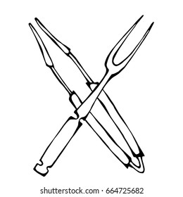 Barbecue Grill Tools Crossed Fork and Tongs. Isolated On a White Background. Realistic Doodle Cartoon Style Hand Drawn Sketch Vector Illustration.