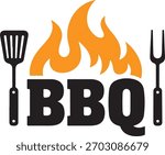 Barbecue grill tools and flames with bold text fire