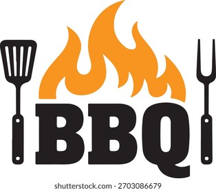 Barbecue grill tools and flames with bold text fire