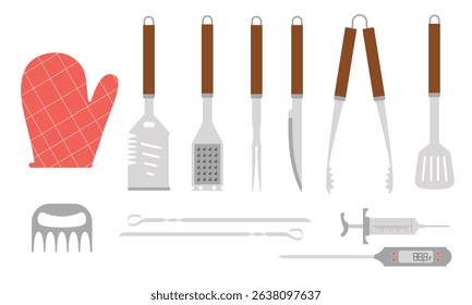 Barbecue grill tools flat set. Vector illustration