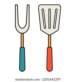 Herramientas de barbacoa o parrilla. Horquilla de barbacoa con espátula. Ilustración del vector