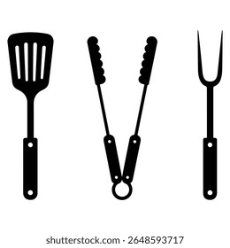 Barbecue grill tools including spatula tongs and fork silhouette