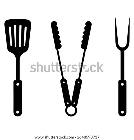 Barbecue grill tools including spatula tongs and fork silhouette