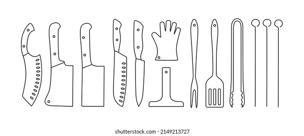 Grillgerichte, Grillwerkzeuge, Umriss-Set. Bearbeitbarer Strich. Vektorgrafik einzeln auf weißem Hintergrund für Design-Verpackungen, Logo, Speisekarte im Restaurant. EPS10