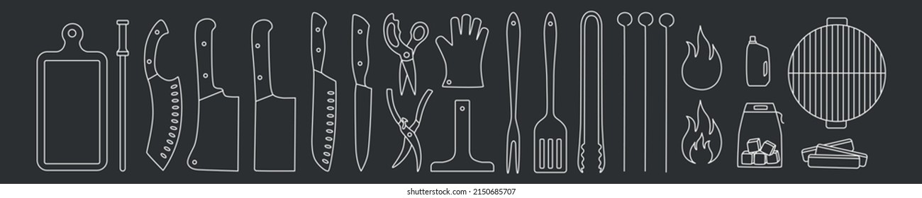 Barbecue, grill tools outline set. Editable stroke. Vector stock illustration isolated on black background for design packaging, logo, menu in restaurant. EPS10