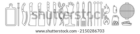 Barbecue, grill tools outline set. Editable stroke. Vector stock illustration isolated on white background for design packaging, logo, menu in restaurant. EPS10