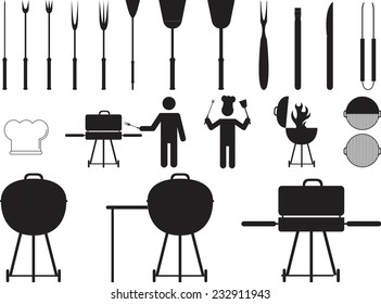 Barbecue Grill And Tools With Pictogram People Illustrated On White