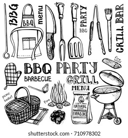 Barbecue Grill Tools Set .Vector Hand Drawn Elements ,lettering. BBQ Menu, Restaurant Design. Black Sketch Of Summer Party .Isolated Equipment On White Background. 