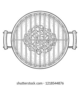 Barbecue grill top view with charcoal. Vintage black vector engraving illustration. Isolated on white background.