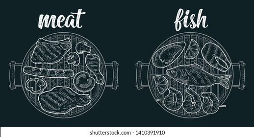 Barbecue grill top view with charcoal, tomato, pepper, onion, kebab, sausage, chicken, charcoal, oyster, shrimp, lemon, beef and fish steak. Vintage white vector engraving on dark background