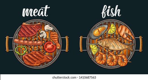 Barbecue grill top view with charcoal, tomato, pepper, onion, kebab, sausage, chicken, charcoal, oyster, shrimp, lemon, beef and fish steak. Vintage color vector engraving isolated on dark background