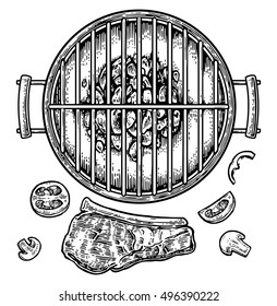 Barbecue grill top view with charcoal, mushroom, tomato, pepper and beef steak. Vintage black vector engraving illustration. Isolated on white background.