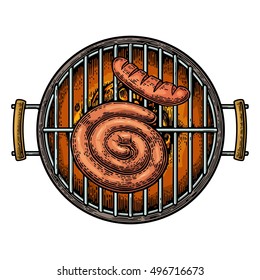 Barbecue grill top view with charcoal and sausage. Vintage color vector engraving illustration. Isolated on white background.