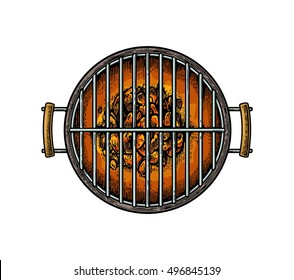 Barbecue grill top view with charcoal. Vintage color vector engraving illustration. Isolated on white background.