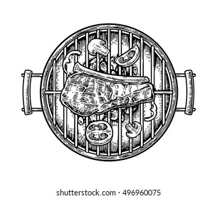 Barbecue Grill Top View With Charcoal, Mushroom, Tomato, Pepper And Beef Steak. Vintage Black Vector Engraving Illustration. Isolated On White Background.