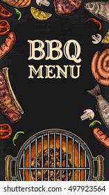 Barbecue grill top view with charcoal, mushroom, tomato, pepper, sausage, lemon, fish and beef steak. Lettered text BBQ MENU. Vintage black vector engraving illustration. Isolated on dark background