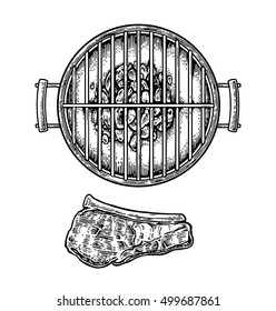 Barbecue grill top view with charcoal and beef steak. Vintage black vector engraving illustration. Isolated on white background.