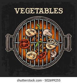 Barbecue grill top view with charcoal, mushroom, tomato, pepper and onion. Lettered text vegetables. Vintage color vector engraving illustration. Isolated on dark background. For menu