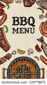 Barbecue grill top view with charcoal, mushroom, tomato, sausage, lemon, fish and beef steak. Lettered text BBQ MENU. Vintage color vector engraving illustration. Isolated on wood textured background