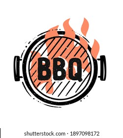 Barbecue grill top view with fire. Hand drawn typography poster. Bbq equipment for preparation steaks, sausages, vegetables