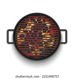 Barbecue Grill Top View with Fire . Party Bbq Grill in Realistic Style for Invitations Banners Fliers Posters Menu. Vector Illustration