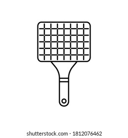 Barbecue grill tray. Linear icon of portable BBQ wire mesh with handle. Metal roast tool for picnic, frying meat, vegetables over open fire. Black pictogram. Contour isolated vector, white background