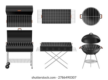 Barbecue grill units on wheels, metal legs and tripod stand. Vector cook stations in round and rectangular shapes with lid and open structure. Outdoor cooking equipments, top and side views