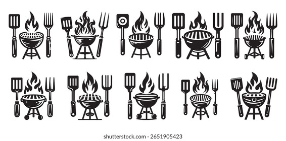 Barbecue grill and utensils set fire flame
